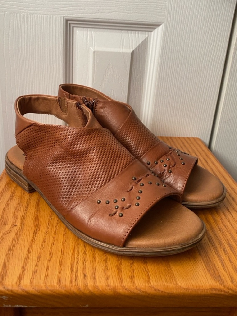 MIZ MOOZ Darcie Brown Leather Studded Perforated Side Zip Sandals 37 (7‎ US)